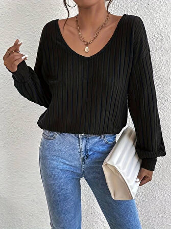 TUA MODA Kadın Uzun Kollu V Yakalı Pencere Sırt Dantel Detaylı Kalın Fitilli Kaşkorse Bluz