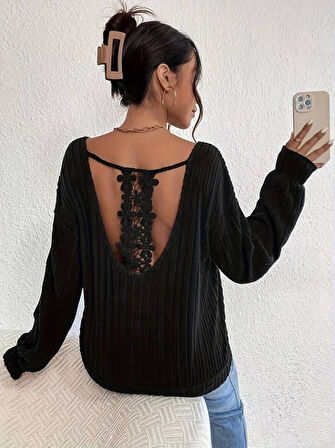 TUA MODA Kadın Uzun Kollu V Yakalı Pencere Sırt Dantel Detaylı Kalın Fitilli Kaşkorse Bluz