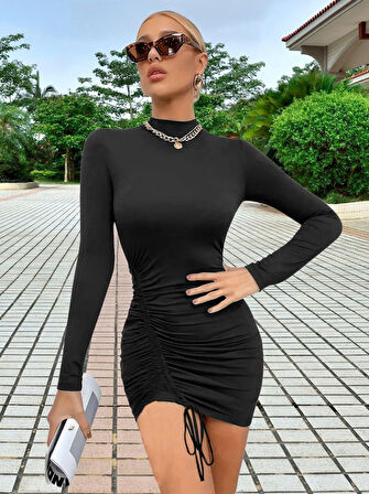 TUA MODA Kadın Uzun Kol Sağ Belden Sol Etek Ucuna Doğru Hafif çapraz Büzgülü Sandy Mini Boy Elbise