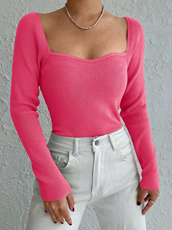 TUA MODA Kadın Pembe Dekolteli Kare Yaka Triko Bluz 2042