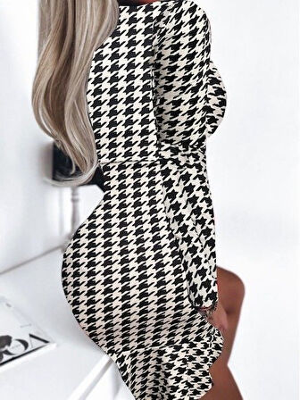 TUA MODA Kadın Uzun Kollu Kruvaze Yaka Kazayağı Mikro Mini Boy Elbise