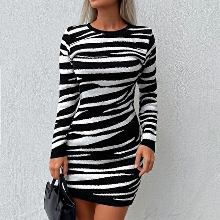 TUA MODA Kadın Uzun Kollu Siyah Beyaz Zebra Desen Triko Elbise