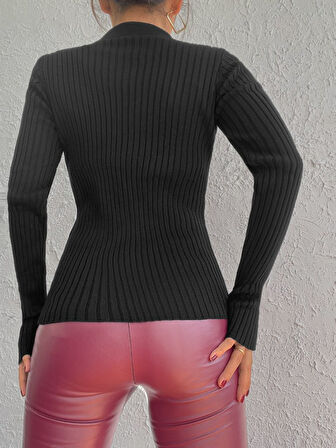 TUA MODA Kadın Siyah Polo Yaka Parmak Detay Triko Bluz 2047
