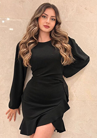 TUA MODA Kadın Uzun Kollu Bisiklet Yaka önden Volanlı Ithal Krep Elbise