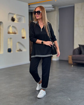 TUA MODA Kadın Uzun Kollu Ribana Ve Fermuar Detay Bluz Ve Yüksel Bel Pantolon 2li Takım