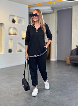 TUA MODA Kadın Uzun Kollu Ribana Ve Fermuar Detay Bluz Ve Yüksel Bel Pantolon 2li Takım