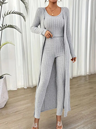 TUA MODA Kadın Yuvarlak Yaka Askılı Krop Bluz Yüksek Bel Tayt Ve Uzun Hırka şardonlu Kaşkorse üçlü Takım