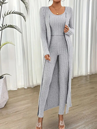 TUA MODA Kadın Yuvarlak Yaka Askılı Krop Bluz Yüksek Bel Tayt Ve Uzun Hırka şardonlu Kaşkorse üçlü Takım