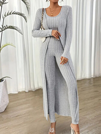 TUA MODA Kadın Yuvarlak Yaka Askılı Krop Bluz Yüksek Bel Tayt Ve Uzun Hırka şardonlu Kaşkorse üçlü Takım
