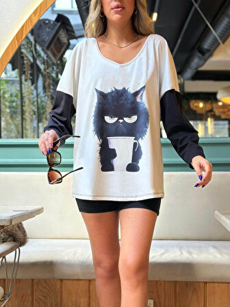 TUA MODA Kadın Uzun Kollu V Yakalı Kedi Baskılı şardonlu Dalgıç Bluz