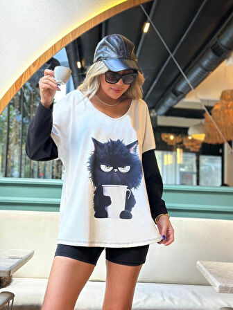 TUA MODA Kadın Uzun Kollu V Yakalı Kedi Baskılı şardonlu Dalgıç Bluz