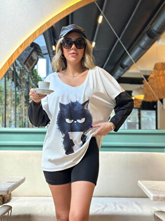 TUA MODA Kadın Uzun Kollu V Yakalı Kedi Baskılı şardonlu Dalgıç Bluz