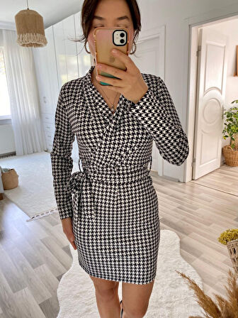 TUA MODA Kadın Uzun Kollu Kruvaze Yaka Bağlamalı Kemer Dalgıç Mini Boy Elbise