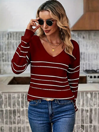 TUA MODA Kadın Uzun Kollu Derin V Yakalı çizgi Desenli Triko Bluz