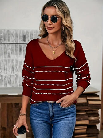 TUA MODA Kadın Uzun Kollu Derin V Yakalı çizgi Desenli Triko Bluz