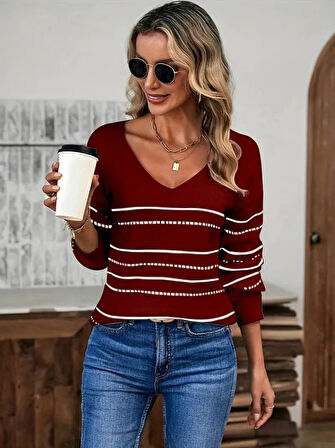 TUA MODA Kadın Uzun Kollu Derin V Yakalı çizgi Desenli Triko Bluz
