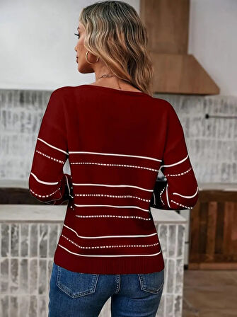 TUA MODA Kadın Uzun Kollu Derin V Yakalı çizgi Desenli Triko Bluz