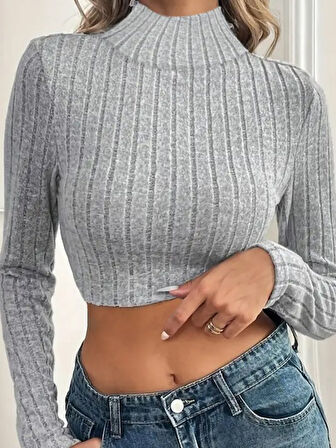 TUA MODA Kadın Uzun Kollu Balıkçı Yaka şardonlu Kaşkorse Krop Bluz