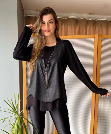 TUA MODA Kadın Uzun Kol Asimetrik Kesim Viskon Bluz Ve çatlak Deri Görünümlü Fermuar Detaylı Yelek I