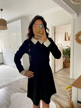 TUA MODA Kadın Uzun Kollu Yakalı A Kesim Kısa Ithal Krep Elbise
