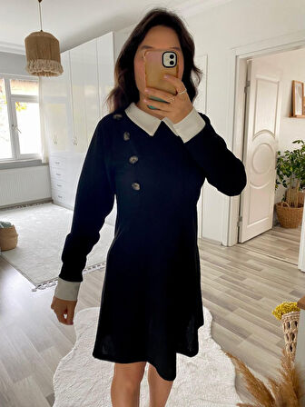 TUA MODA Kadın Uzun Kollu Yakalı A Kesim Kısa Ithal Krep Elbise