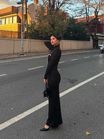 TUA MODA Kadın Uzun Kollu Boğazlı Baskı Detaylı Viskon Tam Boy Elbise
