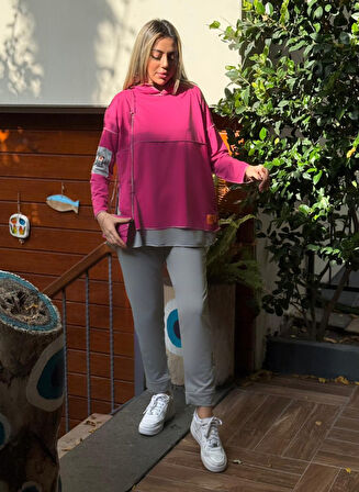 TUA MODA Kadın Pembe Kapşonlu Etek Ucu Detay Arma Ters Dikiş Gorunumlu Ikili Takım