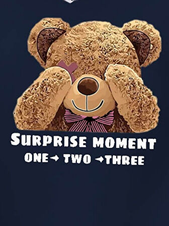 TUA MODA Kadın Uzun Kollu Bisiklet Yaka Ayıcık Desenli Viskon Iki Iplik Bluz