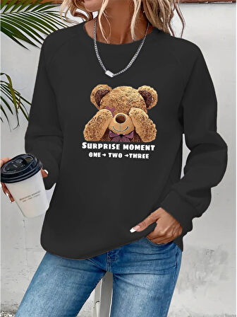 TUA MODA Kadın Uzun Kollu Bisiklet Yaka Ayıcık Desenli Viskon Iki Iplik Bluz