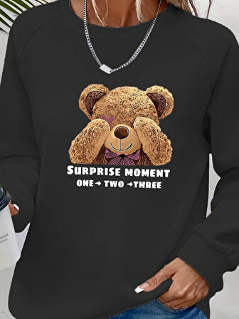 TUA MODA Kadın Uzun Kollu Bisiklet Yaka Ayıcık Desenli Viskon Iki Iplik Bluz