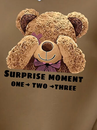 TUA MODA Kadın Uzun Kollu Bisiklet Yaka Ayıcık Desenli Viskon Iki Iplik Bluz