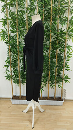 TUA MODA Kadın Uzun Kollu Kruvaze Yaka Belden Kuşaklı Midi Ithal Krep Elbise