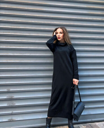 TUA MODA Kadın Uzun Kollu Boğazlı Midi Boy Triko Elbise (kemersiz)