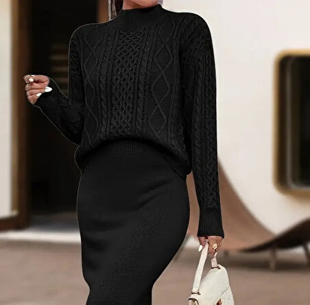 TUA MODA Kadın Uzun Kollu Balıkçı Yaka Bluz Ve Etek Ikili Triko Takım