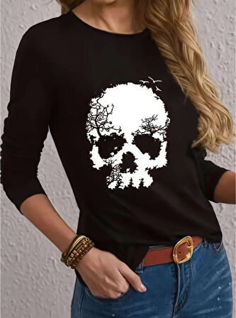 TUA MODA Kadın Uzun Kollu Bisiklet Yaka Kurukafa Desenli Viskon Bluz