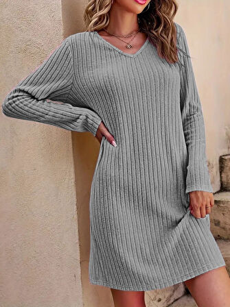 TUA MODA Kadın Uzun Kollu V Yakalı Kısa şardonlu Kaşkorse Elbise