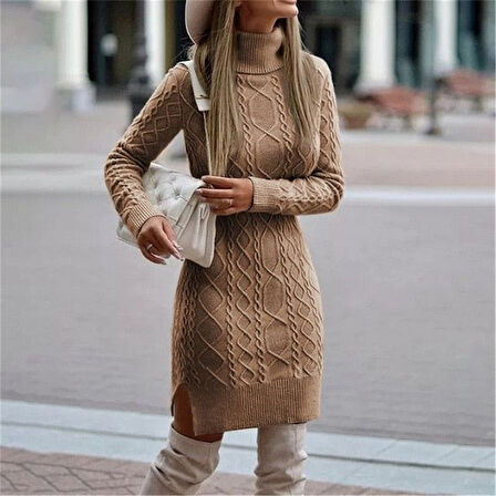 TUA MODA Loren Yünlü Motifli Midi Boy Triko Elbise
