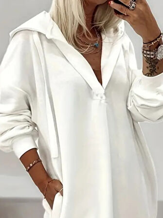 TUA MODA Kadın Uzun Kollu Kapüşonlu Yakası Açık Modal Elbise