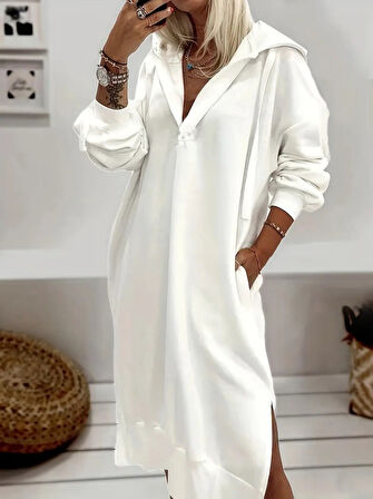 TUA MODA Kadın Uzun Kollu Kapüşonlu Yakası Açık Modal Elbise