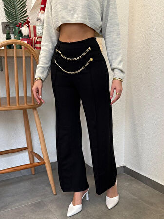 TUA MODA Kadın Beli Zincir Detay Ithal Krep Pantolon
