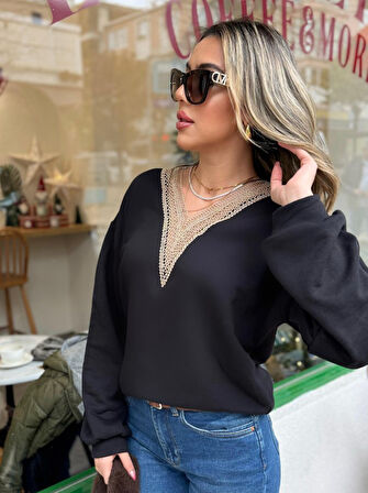 TUA MODA Kadın Uzun Kollu V Dantel Yaka şardonsuz üç Iplik Bluz