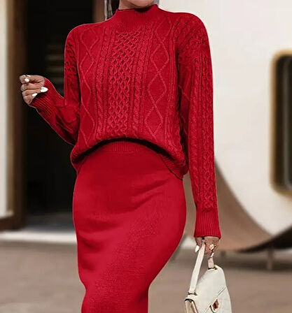 TUA MODA Kadın Uzun Kollu Balıkçı Yaka Bluz Ve Etek Ikili Triko Takım