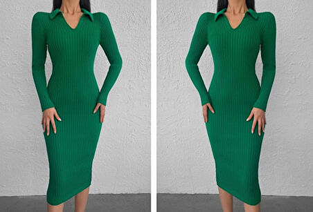 TUA MODA Kadın Uzun Kollu Yakalı Triko Elbise