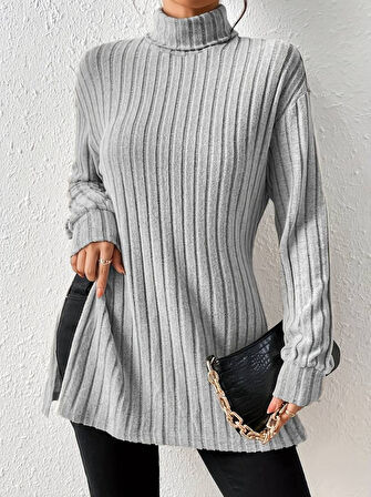 TUA MODA Kadın Uzun Kollu Balıkçı Yaka Yandan Yırtmaçlı şardonlu Kaşkorse Bluz