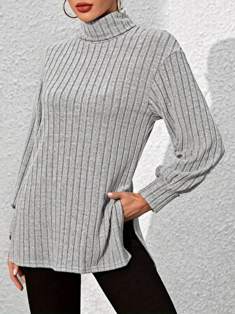 TUA MODA Kadın Uzun Kollu Balıkçı Yaka Yandan Yırtmaçlı şardonlu Kaşkorse Bluz