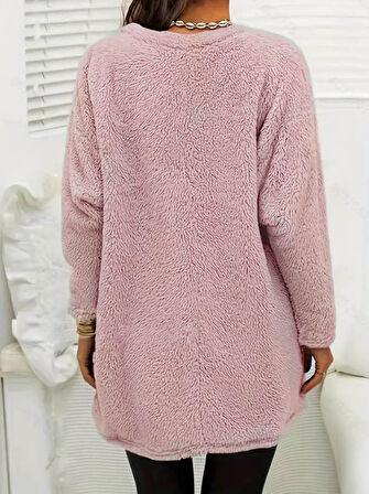 TUA MODA Kadın Uzun Kollu Yuvarlak Yakalı Cepli Peluş Bluz