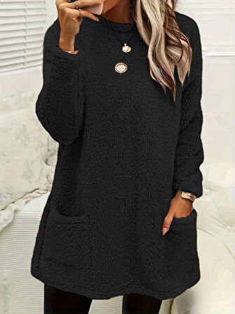 TUA MODA Kadın Uzun Kollu Yuvarlak Yakalı Cepli Peluş Bluz