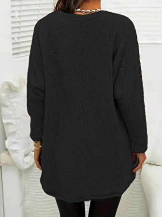 TUA MODA Kadın Uzun Kollu Yuvarlak Yakalı Cepli Peluş Bluz