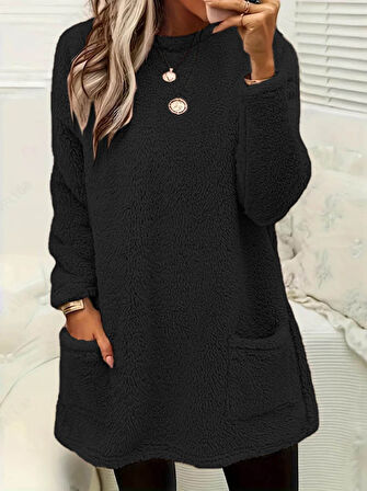 TUA MODA Kadın Uzun Kollu Yuvarlak Yakalı Cepli Peluş Bluz