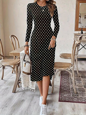 TUA MODA Kadın Uzun Kollu Bisiklet Yaka Puantiyeli örme Krep Midi Elbise